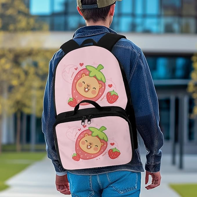 HUGS IDEA Strawberry Capybara Backpack for School Girls Cute Bookbag with Insulated Lunch Bag for Elementary Girls Kids Travel Backpack Set Large 17 Inch Schoolbag for Students Study Daypack