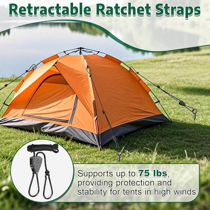 Tent Stakes Anchors 16-in 8 Pack, RV Awning Tie Down Kit for Wind-Proof with Retractable Ratchet Straps, Camping Stakes Heavy Duty for Tents, Beach Umbrellas, Canopies, Carport, Campers