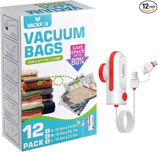 12 Pack Vacuum Travel Bags with Pump for Clothing with USB and TYPE C Pump,Carry-on Size Space Saver vacuum seal bags for clothing Storage Bags for Vacation Cruise（Red）