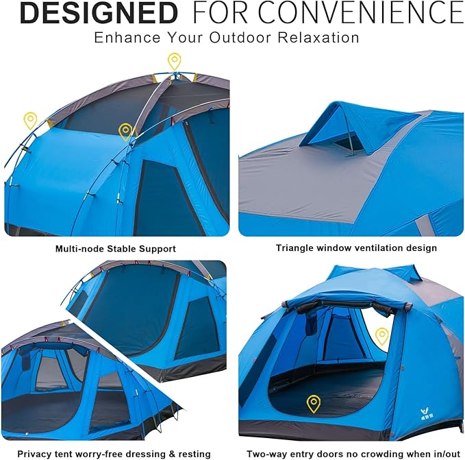 Camping Tent 3-4 Person, Waterproof Family Dome Tent with Removable Rainfly, Dual Two-Way Entry Doors & Mesh Windows, Portable Outdoor Tents for Camping