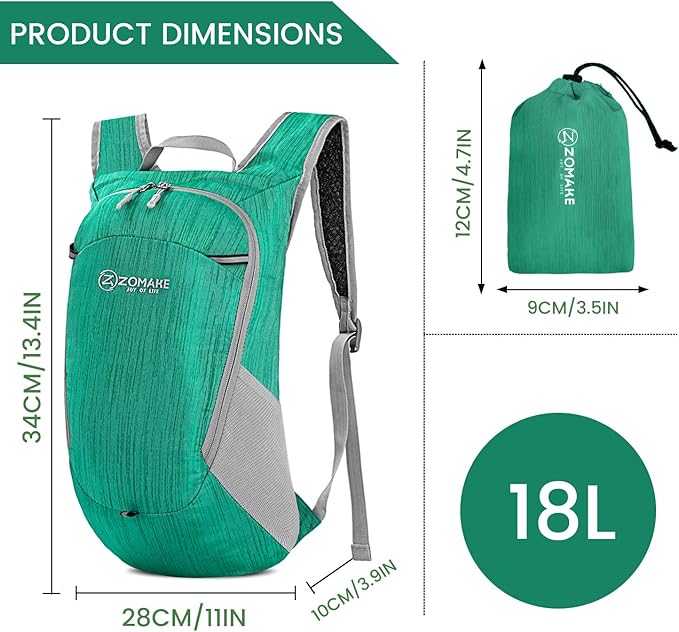 ZOMAKE Ultra Lightweight Packable Backpack 18L, Small Foldable Hiking Backpacks Water Resistant Folding Daypack for Travel(Dark Green)