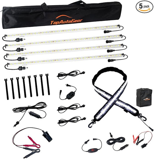 12V LED Interior Light Bar - 4 X Aluminum String Lights + 1 X 4FT Strip | IP67 | Dimmer Switch, Dimmable, for RV, Camping Tent, Boat/Deck, Garage, Tool Room