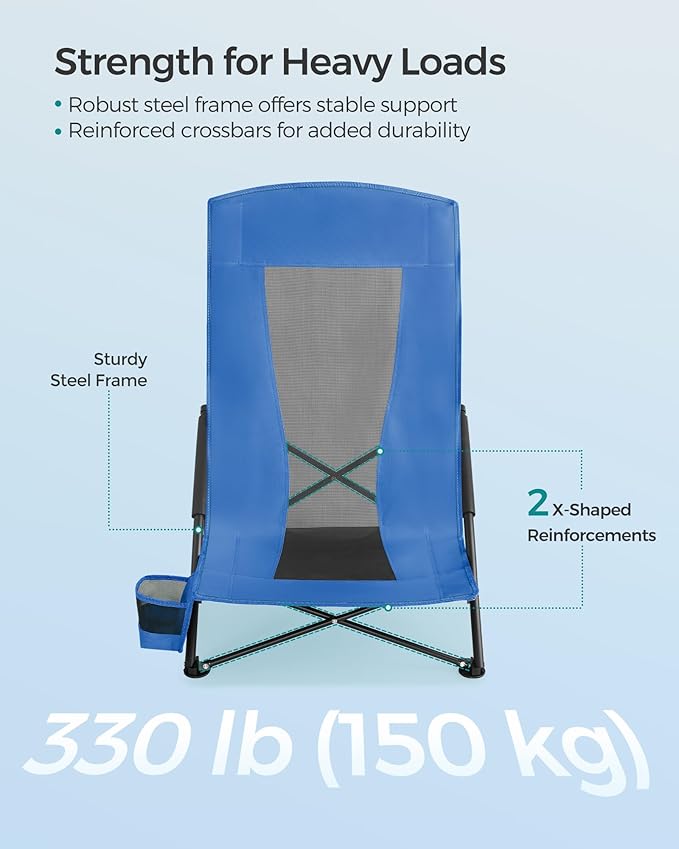SONGMICS Camping Chair, Portable Outdoor Beach Chair, with High Backrest, Cup Holder, Lightweight, Heavy-Duty, Max. Load 330 lb, Blue UGCB061Q02