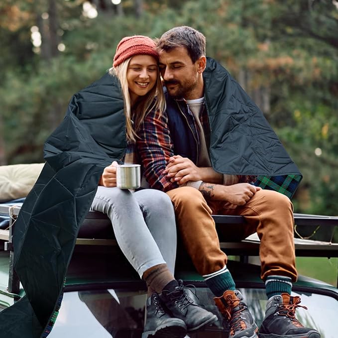 Outdoor Waterproof Blanket, Foldable Fleece Stadium Blanket for Outdoor Sports Event, Camping, Car, Pet, Picnics - Windproof, Wearable, Machine Washable 80" x 58" (Green Check)