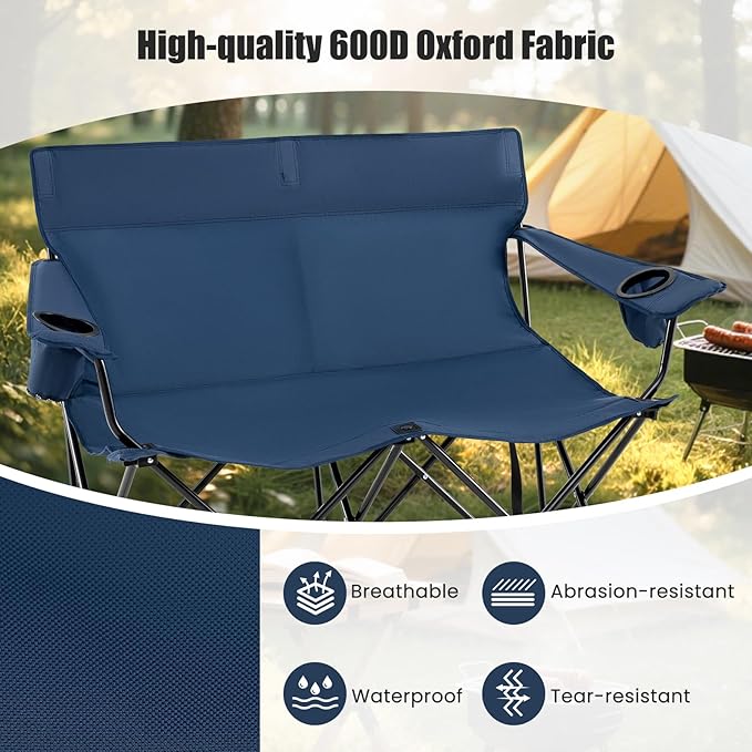 Goplus Double Camping Chair, Oversized Heavy Duty Camping Loveseat for Adults, Portable Folding 2 Person Camping Chair with Cup Holder for Outdoor Lawn Beach Backyard