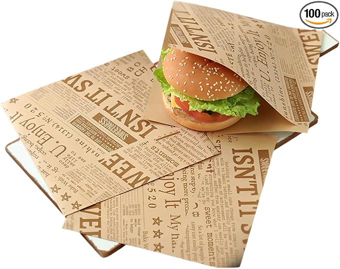 100 PCS 7x7 Inch Grease Proof Paper Bags, Double Open End Sandwich Bags for Pretzels, Burgers, Cookies | Bulk Snack Bags for Concession Stands, Birthday Parties, Wedding Favors (Newspaper pattern)