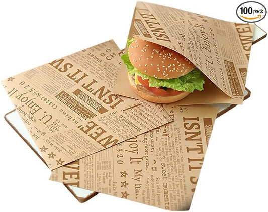 100 PCS 7x7 Inch Grease Proof Paper Bags, Double Open End Sandwich Bags for Pretzels, Burgers, Cookies | Bulk Snack Bags for Concession Stands, Birthday Parties, Wedding Favors (Newspaper pattern)