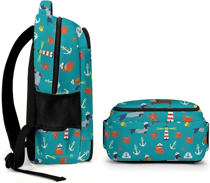 Water Resistant Laptop Backpack Dachshund Nautical Dog Pattern, Business Anti Theft Computer Bag with Water Bottle Pockets for College Men Women