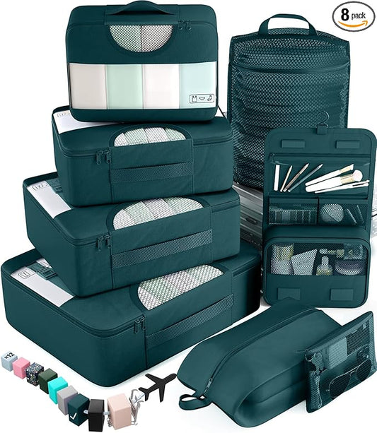 Veken 8 Set Packing Cubes for Travel Essentials, Suitcase Organizer Bags in 4 Sizes, Carry-On Luggage Accessories with Large Laundry & Hanging Toiletry Bag, Must-Have for Airplane, Road Trip & Camping
