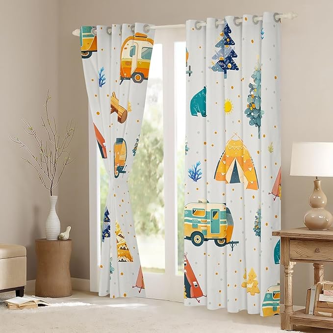 Feelyou Adventure Camping Blackout Curtains Camper Picnic Darkening Drapes for Bedroom Living Room Decor Happy Camping Thermal Insulated Shades Window Treatments, 2 Panels 52 x 63 Inch
