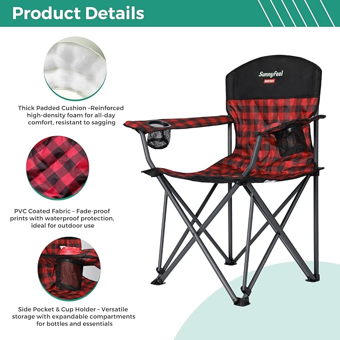 SUNNYFEEL Oversized Folding Camping Chair 2 Pack 800 LBS Heavy Duty for Big Tall People Red Padded Portable Collapsible Chairs with Armrest Cup Holder & Pocket for Outdoor Travel Picnic Camp Sports