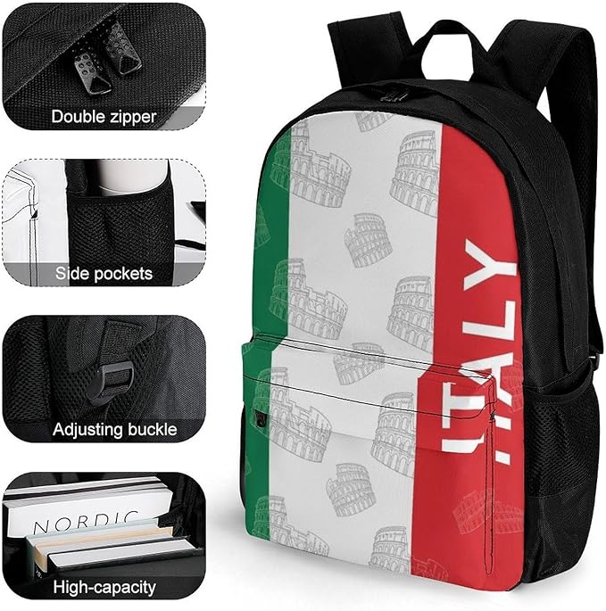 Lightweight Daypack Backpack for Trekking Work Running, Big Capacity Multipurpose Anti-Theft Bookbag, Italy Italian Flag Roman Colosseum Business Computer Bag