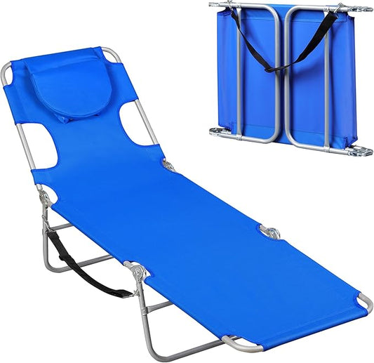 WLIVE Beach Lounge Chair for Adults, 4-Position Folding Tanning Chairs with Face Hole for Outside, 2 Legs Support Portable Outdoor Chair for Beach, Pool, Blue