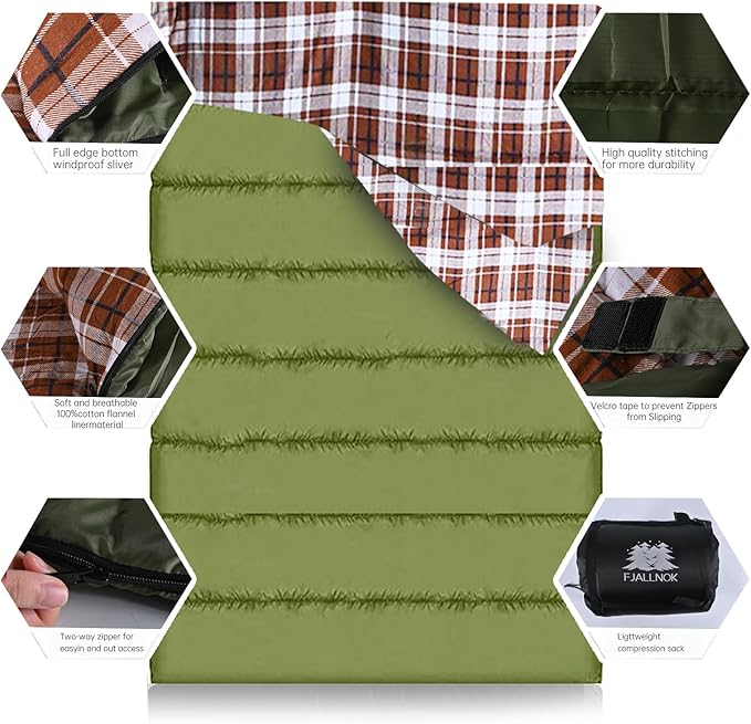 Double Sleeping Bag Cotton Flannel for Camping, Backpacking Or Hiking. Waterproof Queen Size Two Person Sleeping Bags for Adults Or Teens. Lightweight with Compression Sack