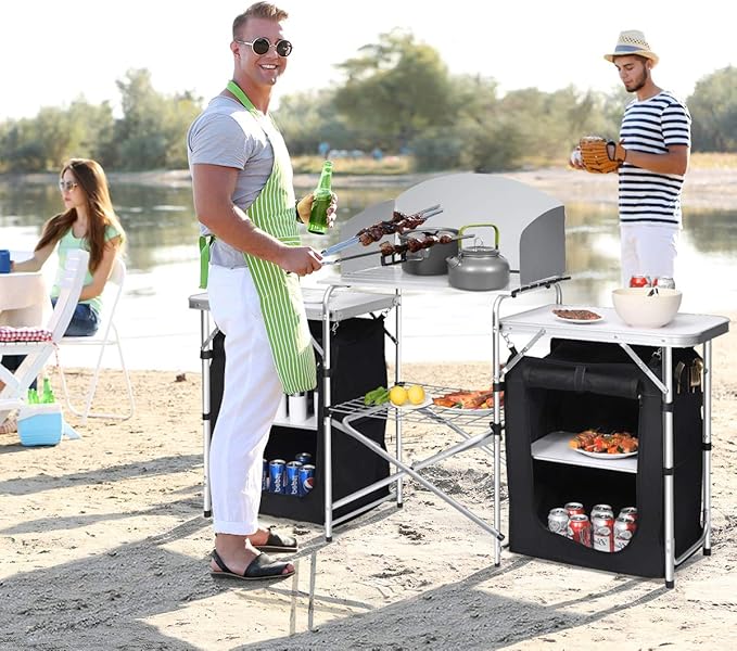 Giantex Camping Kitchen Station, Folding Grill Table with 26'' Tabletop, 2 Side Tables, Storage Organizer, Detachable Windscreen, Portable Camp Cook Outdoor Prep Station Backyard BBQ Picnic (Black)