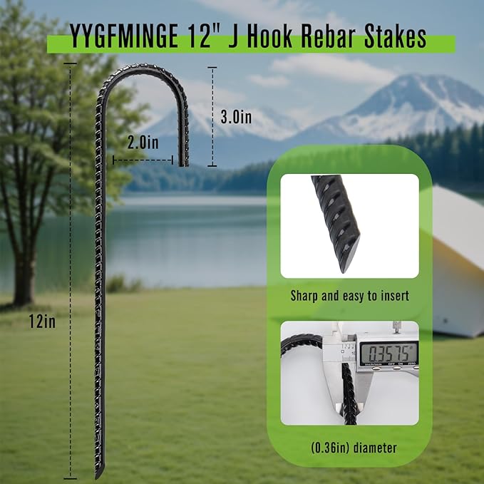 12 in Rebar Stakes, J Hook Ground Stakes, (Pack of 6 Black) Heavy Duty Galvanized Metal Tent Stakes Fence Stakes for Wire Fence, Camping, Trampolines, Irrigation Pipes and Garden