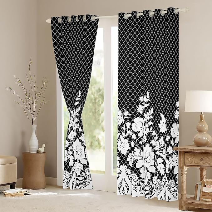 Manfei White Floral Blackout Curtains Boho Vintage Flower Window Drapes,Black Diamond Grid Print Window Treatments,Kids Boys Girls Room Decor,Grommet Top 2 Panel Set Bedroom Curtains, 52Wx96L inch