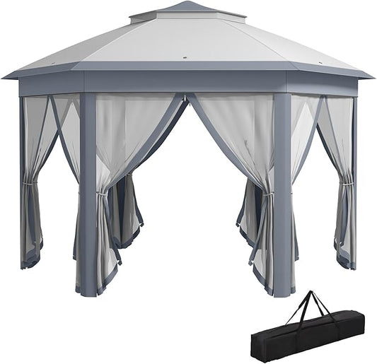 Outsunny 13' x 13' Pop Up Gazebo, Hexagonal Canopy Shelter with 6 Zippered Mesh Netting, Event Tent with Strong Steel Frame for Patio Backyard Garden Wedding Party, Gray