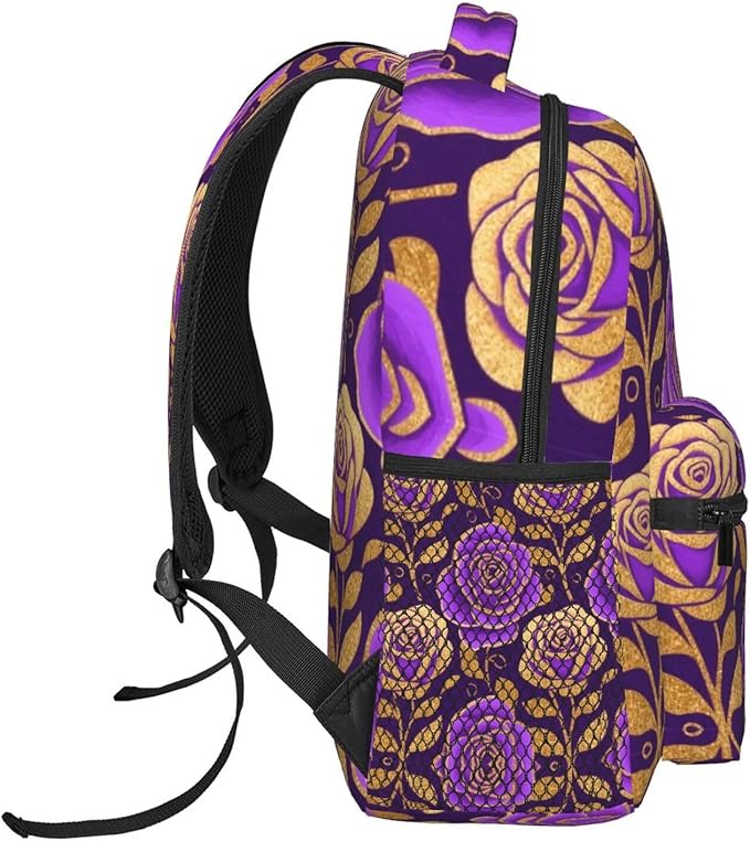 Rucksack Anti-Theft Multipurpose Big Capacity Carry On Bag, Purple Gold Rose Art Traveling Camping Backpack With Side Pockets