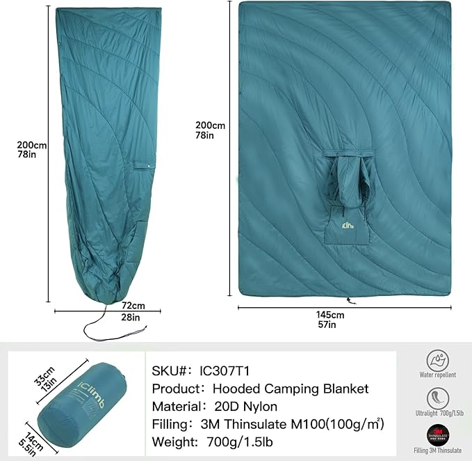 iClimb Hooded 3M Thinsulate Insulation Warm Camping Blanket Wearable Poncho Ultralight Compact