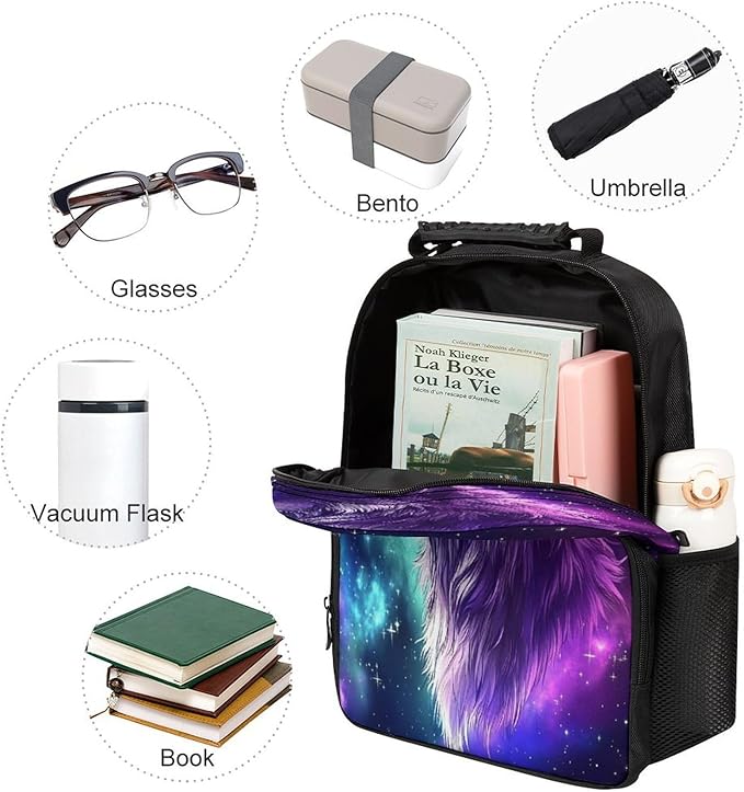 Rucksack Polyester Anti-Theft Multipurpose Purple Universe Space Galaxy Magic Wolf Art Carry On Bag Large Capacity Travel and Sport Backpack Rucksack With Smooth Zippers