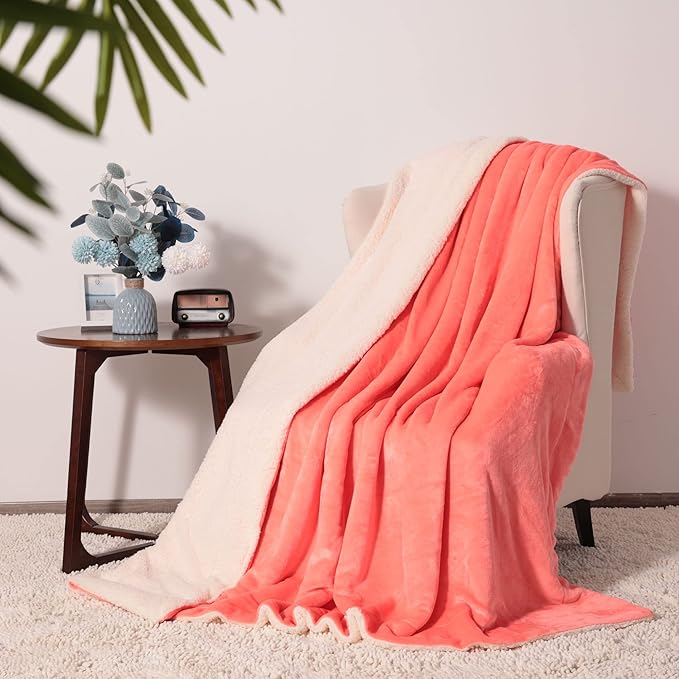 NANPIPER King Size Sherpa Blanket, Soft Fleece Throw for Bed, Reversible Thick Fuzzy Blanket for Winter (Living Coral, 90x108 inches)