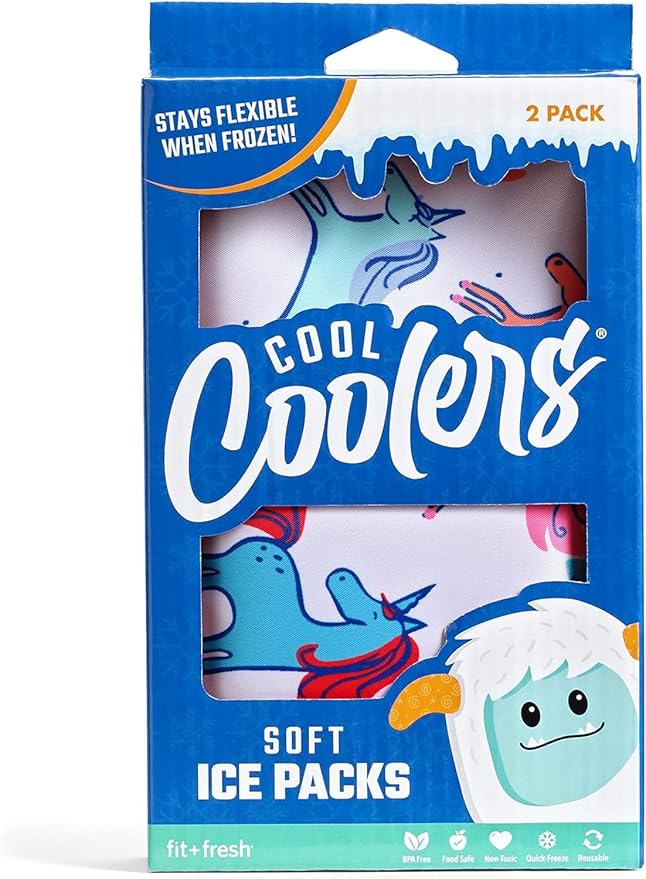 Cool Coolers by Fit & Fresh 2 Pack Soft Ice, Flexible Stretch Nylon Reusable Ice Packs for Lunch Boxes & Coolers, Unicorn Stripe