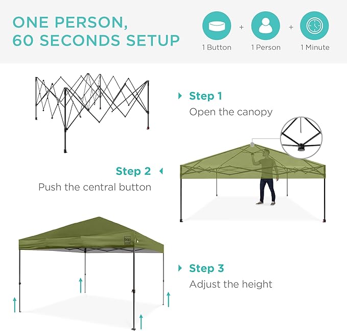 Best Choice Products 8x8ft Pop Up Canopy Tent, Outdoor Shade, 1 Person 1 Minute Set Up, Carry Case, 4 Weight Bags - Olive Green