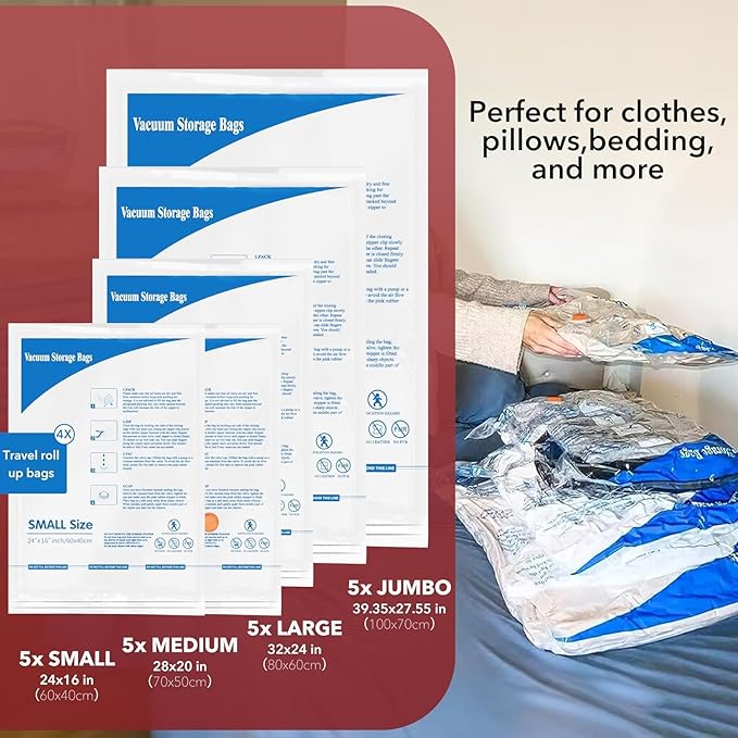 MEIQIHOME Vacuum Storage Bags, Space Saver Sealer Bags,Vacuum seal bags for clothing, Pillows, Comforters, Blankets, Bedding,Travel,36 Pack With Electric Pump