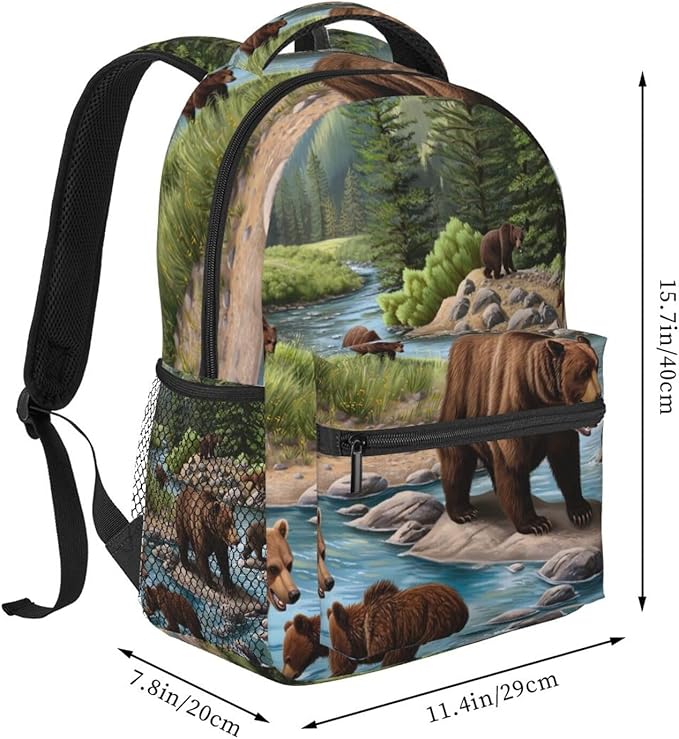 Rucksacks Lightweight Multipurpose Anti-Theft Bears Lovers Mountain River Pattern Shoulder Bag Big Capacity Traveling Camping Backpack With Side Pockets