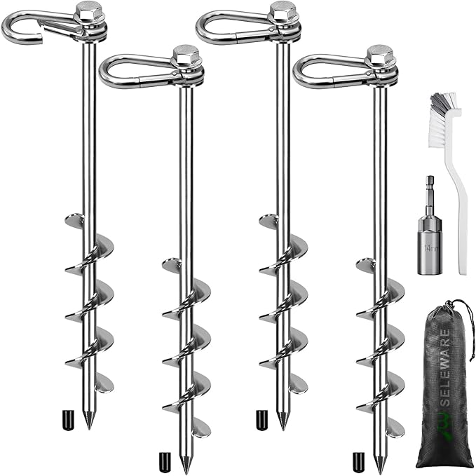 SELEWARE 4 Pack Trampoline Stakes Heavy Duty Ground Anchors High Wind Trampoline Stakes Anchors Spiral Earth Anchors for Secure Animals Trampolines Tents Shed Swing Set Mobile Homes Carport