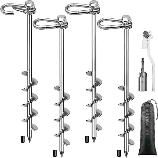 SELEWARE 4 Pack Trampoline Stakes Heavy Duty Ground Anchors High Wind Trampoline Stakes Anchors Spiral Earth Anchors for Secure Animals Trampolines Tents Shed Swing Set Mobile Homes Carport