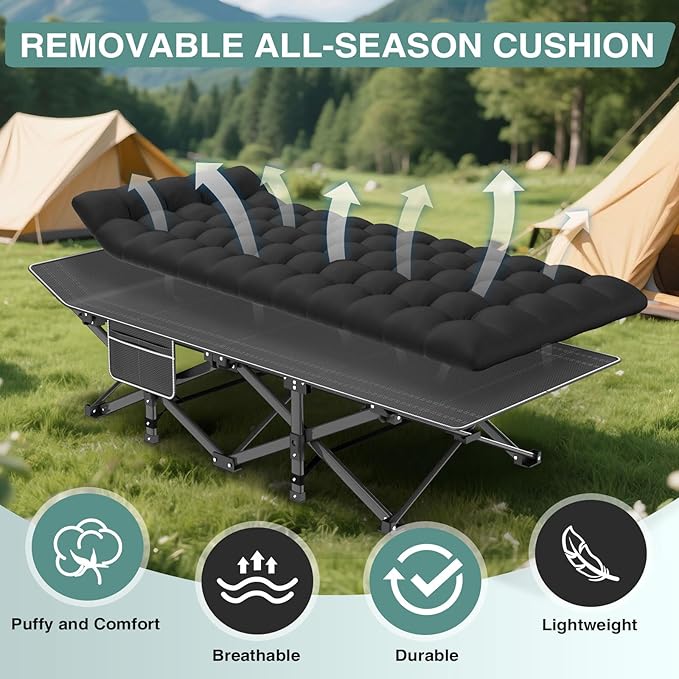 ZENPETIO Camping Cot for Adults, Heavy-Duty Portable Cot Bed with Mattress, Foldable Padded Sleeping Cots for Camping Travel Tent Day Bed Outdoor & Home Guest, Max Load 500 LBS, 75x28x15”