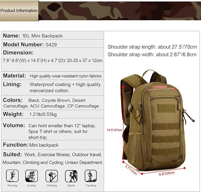 HUNTVP 10L Tactical Backpack Small Backpack Mini Daypack Military MOLLE Rucksack Gear Tactical Assault Pack Bag for Hunting Camping Trekking(10L Dark Brown)