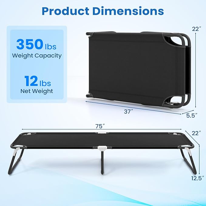 GYMAX Folding Camping Cot 2 Pack, Portable Ultralight Compact Sleeping Cot Bed for Adults with Oxford Fabric, for Outdoor Travel Backpacking Hiking Patio Home Office, 330LBS (2, Black)