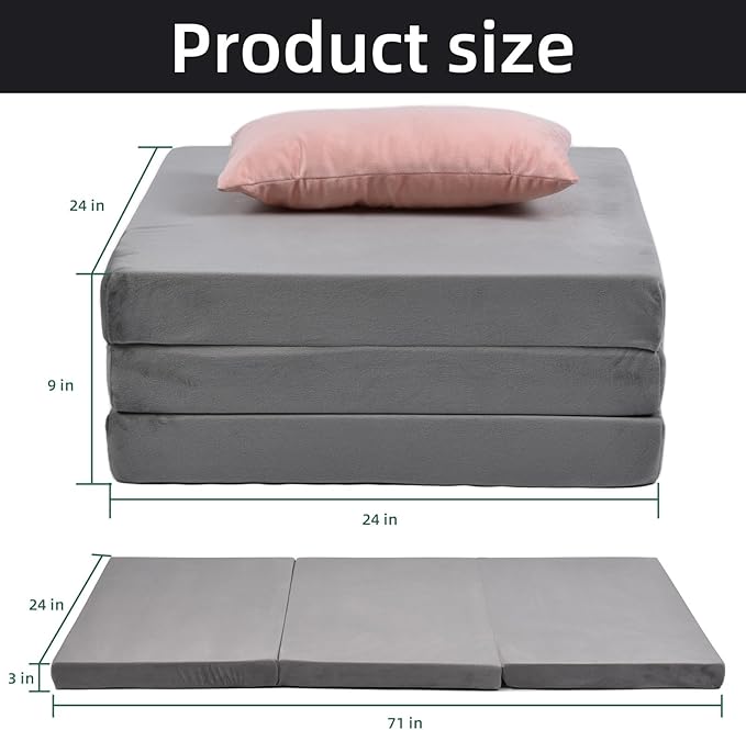 Folding Mattress, Trifold Memory Foam Mattress with Collapsible and Washable Cover, Camping, Fold Up Guest Bed, Travel and Guest Mat