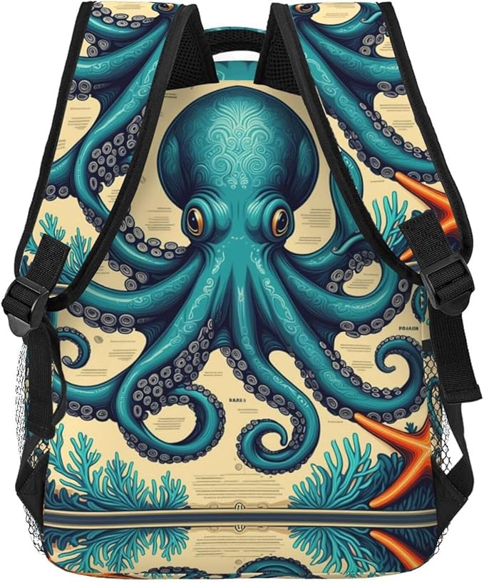 Men Women Polyester Retro Octopus Art Daypack Bookbag Big Capacity Shoulder Bag With Padded Straps for Climbing Travel Walking Cycling