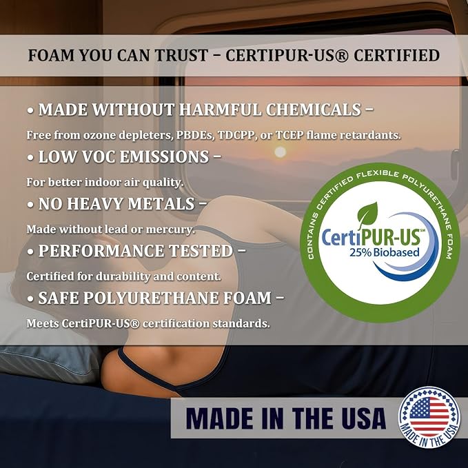 Foamma 12" x 42" x 80" High Density Gel Memory Foam RV Bunk Mattress Foam Replacement Topper with Polyester Navy Blue Cover for Camper, Truck, Travel Trailer, Firm, Water Resistant, Made in USA