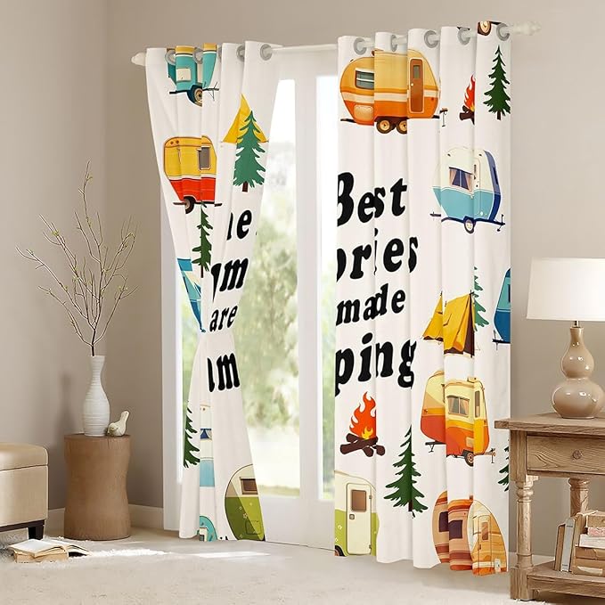 Cartoon Camper Kids Blackout Curtains,Tent Bonfire Campfire RV Trailer Boys Girls Room Decor,Pine Tree Daisy Flower Rustic Window Drapes,Cream 2 Panels,42Wx90L inch