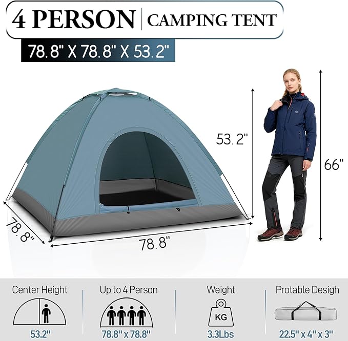 Outvita Camping Tent, 4 Person Dome Tents with Rainfly & Carrying Bag, Waterproof Easy Setup Tent with Mesh Windows for Camping & Hiking