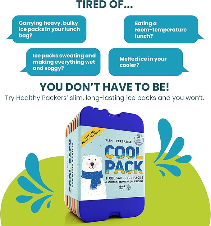 Healthy Packers Ice Packs for Lunch Boxes & Coolers - Original Cool Pack | Slim & Long-Lasting Reusable Ice Pack for Lunch Bags | Freezer Packs for Coolers (Set of 8)