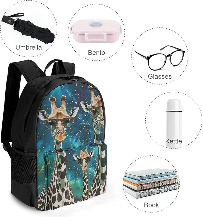 Supdreamc Men Women Polyester Giraffes With Sunglass Space Art Daypack Big Capacity Shoulder Bag With Adjustable Shoulder Straps for Camping Travel Walking Cycling