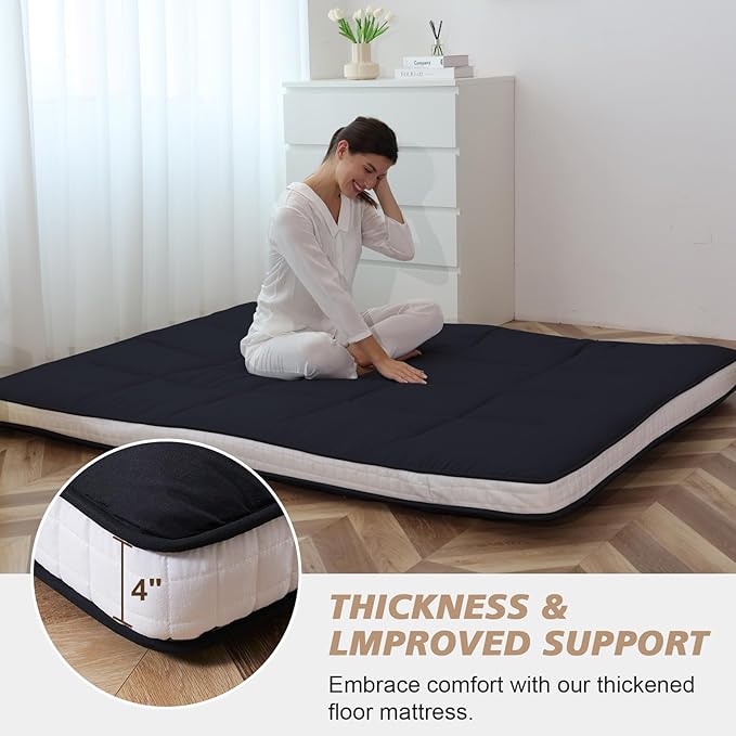 Queen Size Futon Mattress - Extra Thick Foldable Japanese Floor Mattress - Memory Foam Sleeping Pad for Adults - Tatami Mat Suitable for Camping & Guest -Black