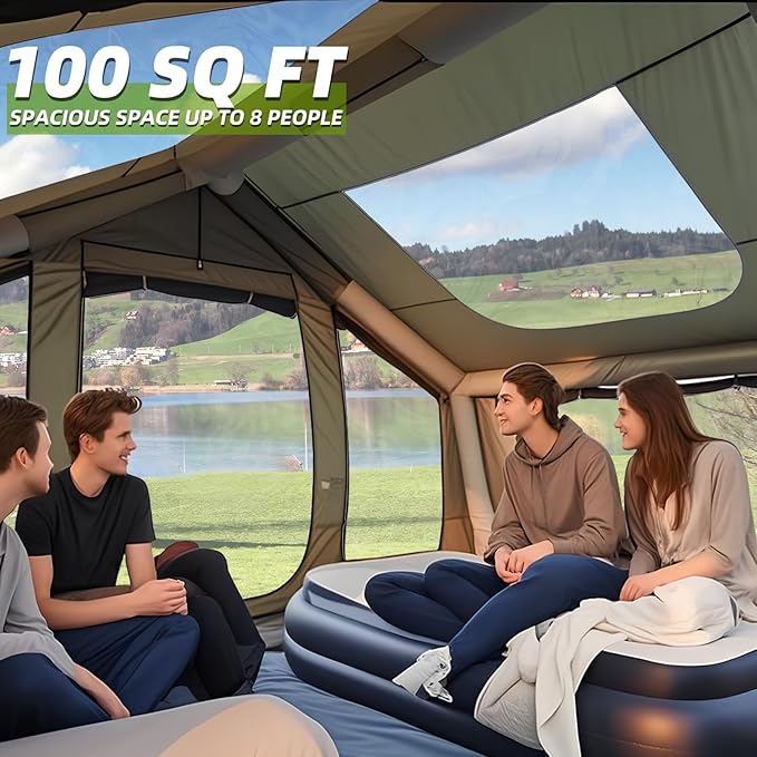 EROMMY 4/6/8/12 Person Inflatable Tent with Skylight, 4 Season Blow Up Tents with Hand Pump for Outdoor Camping & Hiking, Easy Set-up Windproof Sunproof Waterproof