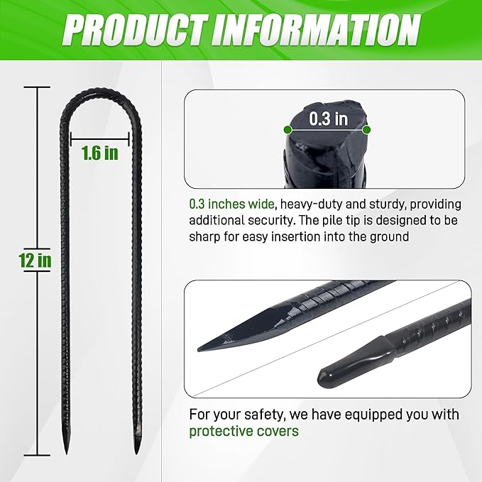 Anothera 16 Pack Heavy Duty Trampoline Stakes, 12 Inches Trampoline Anchors High Wind, Heavy Duty U Shaped Rebar Stakes for Trampoline, Tents, Inflatables, Fences, Outdoor Decoration