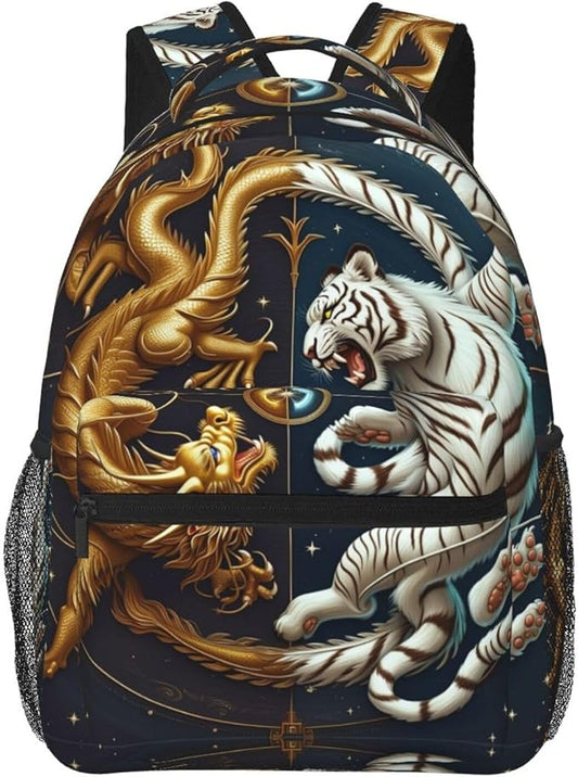 Daypack Backpack Multipurpose Anti-Theft Large Capacity Bookbag, Yin Yang Gold Dragon White Tiger Art Travel Hiking Camping Rucksack With Adjustable Shoulder Straps