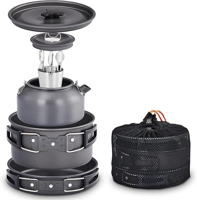 ROVSUN 10pcs Camping Cookware Mess Kit, Lightweight Non-Stick Pot Pan Kettle Set w/Stainless Steel Cup Fork Knives Spoons for Open Fire, Camping, Picnic, Backpacking, Outdoor Cooking