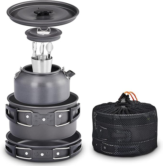 ROVSUN 10pcs Camping Cookware Mess Kit, Lightweight Non-Stick Pot Pan Kettle Set w/Stainless Steel Cup Fork Knives Spoons for Open Fire, Camping, Picnic, Backpacking, Outdoor Cooking