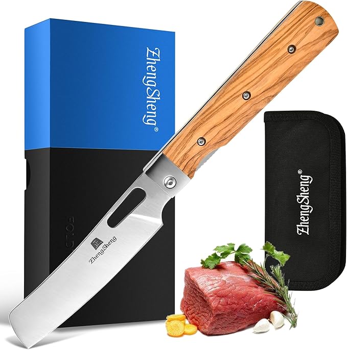 Folding Chef Knife with Nylon Pouch 4.8” Ultra Sharp 440A Stainless Steel Blade Natural Olive Handle Pocket Foldable Japanese Style Kitchen Knife for Outdoor Camping BBQ trip Cooking.