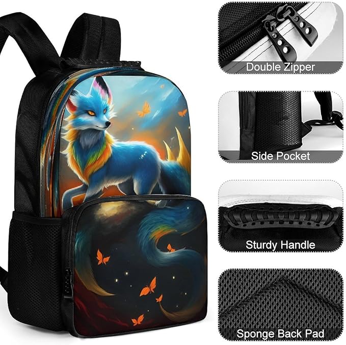 Polyester Daypack Backpack for Climbing Outdoors Running, Big Capacity Multipurpose Anti-Theft Bookbag, Mythical Creature Kitsune Fox Art Travel Hiking Camping Rucksack